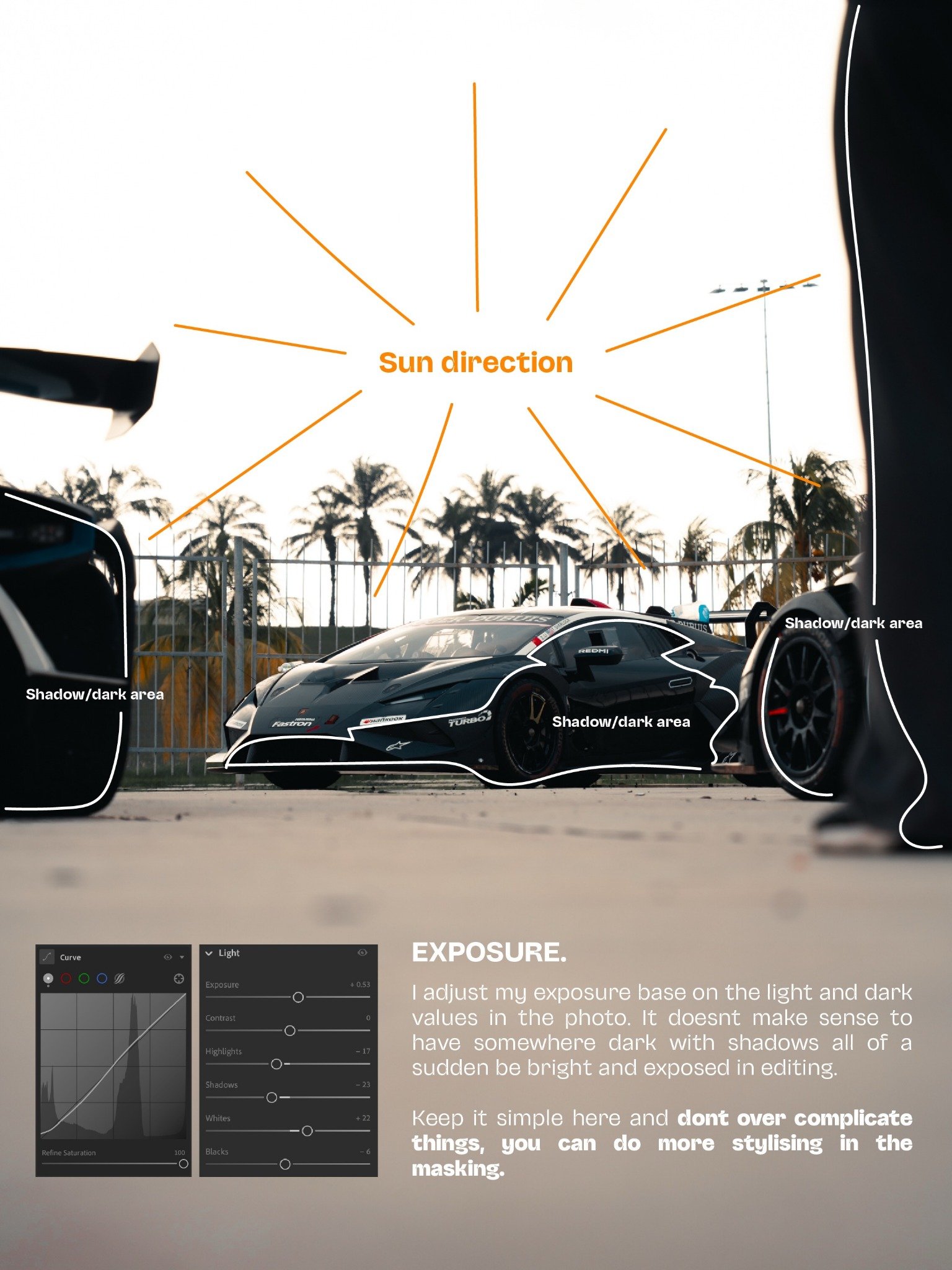 Automotive exposure and sun direction editing analysis